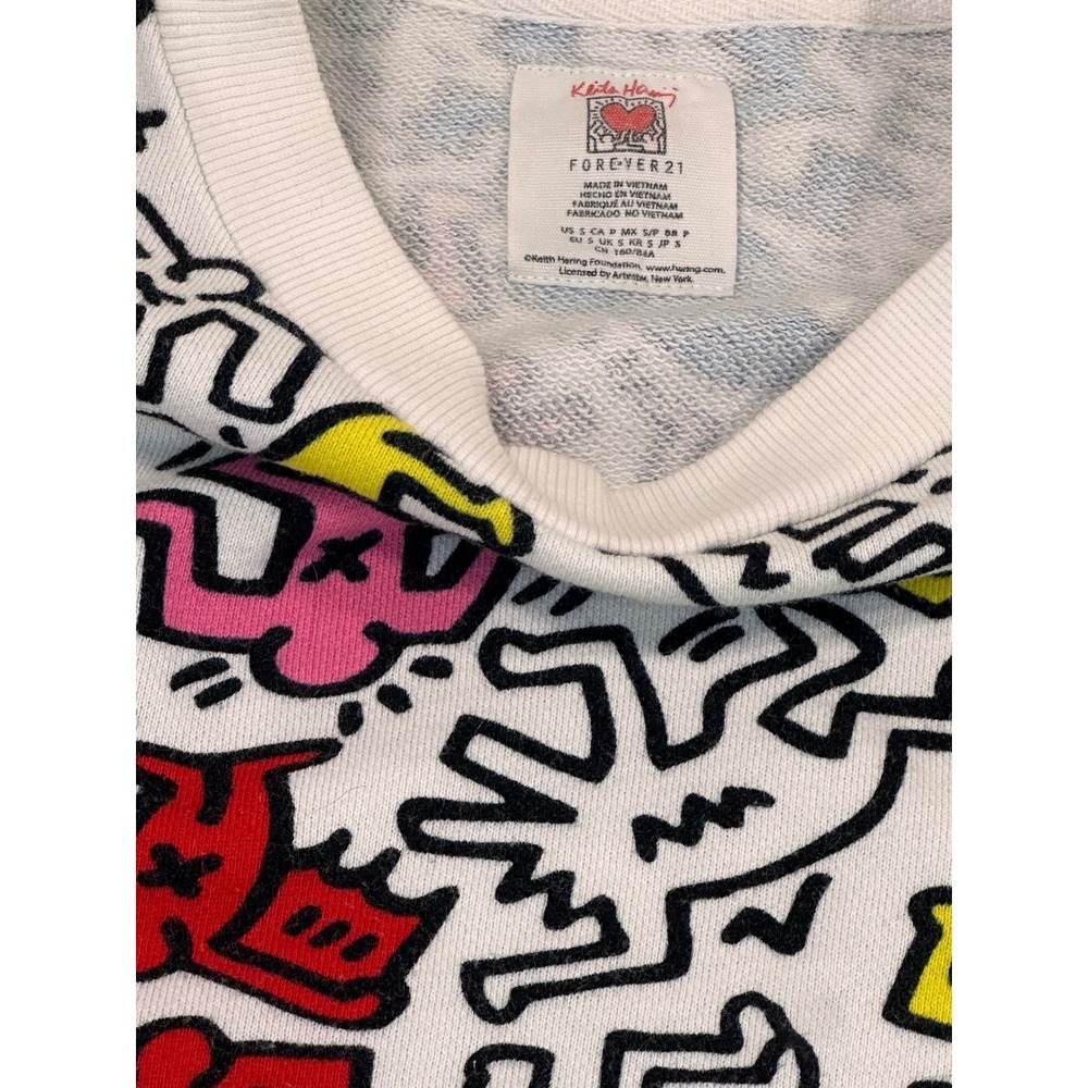 Forever 21 Keith Haring Sweatshirt Women Small White AOP Excellent Pop Art Crew - Picture 2 of 7